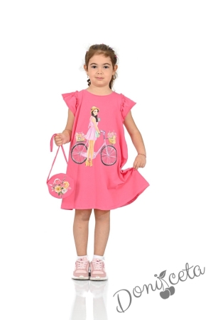Детска ежедневна  рокля с къс ръкав в циклама с чантичка 1