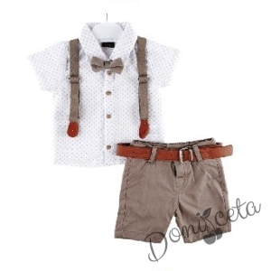 Комплект от риза в бяло с къс ръкав, къси панталони, тиранти и папийонка  1