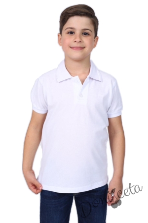 Детска блуза в бяло с къс ръкав за момче с яка