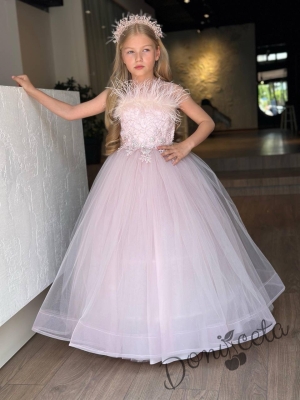 Официална детска дълга рокля в бледорозово без ръкав с диадема и обръч отдолу на пола Шери 1