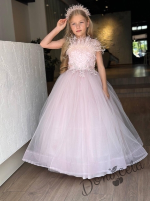 Официална детска дълга рокля в бледорозово без ръкав с диадема и обръч отдолу на пола Шери 2