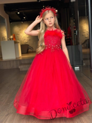 Официална детска дълга рокля в червено без ръкав с диадема и обръч отдолу на пола Шери 1