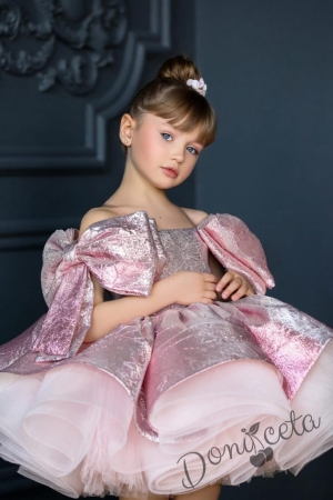 Официална детска рокля от богат тюл без ръкав в розово и панделки Медея 1