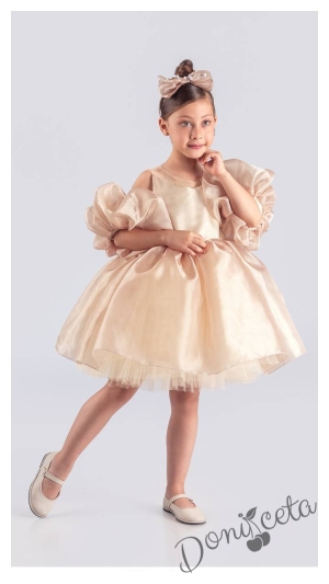 Официална детска рокля с тюл в златисто Даян и панделка за коса