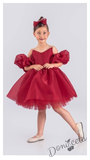 Официална детска рокля с тюл в червено Даян  и панделка за коса 1