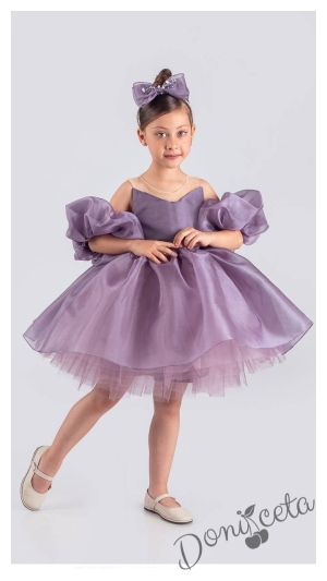 Официална детска рокля с тюл в лилаво Даян и панделка за коса