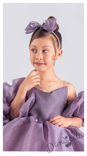 Официална детска рокля с тюл в лилаво Даян и панделка за коса 2
