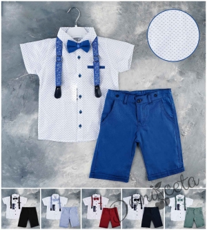 Летен комплект за момче от панталон в тъмносиньо, риза в бяло и орнаменти, тиранти и папийонка 6343452342 2
