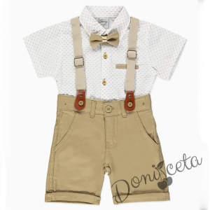 Летен комплект за момче от панталон в бежово, риза в бяло и орнаменти, тиранти и папийонка 6343452347 1