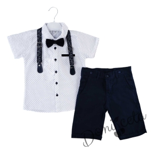 Летен комплект за момче от панталон в тъмносиньо, риза в бяло и орнаменти, тиранти и папийонка 6343452342