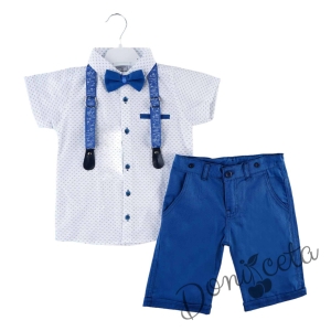 Летен комплект за момче от панталон в синьо, риза в бяло и орнаменти, тиранти и папийонка 6343452341 1
