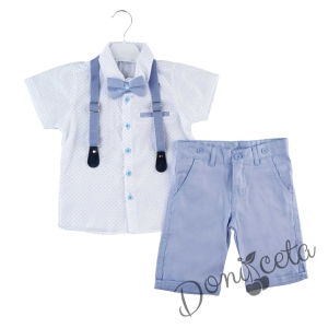 Летен комплект за момче от панталон в светлосиньо, риза в бяло и орнаменти, тиранти и папийонка 6343452348 1