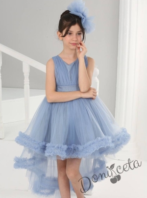 Официална детска дълга рокля в синьо с тюл без ръкав и шлейф Виола