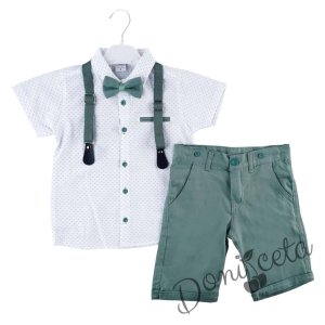 Летен комплект за момче от панталон в зелено, риза в бяло и орнаменти, тиранти и папийонка 6343452349