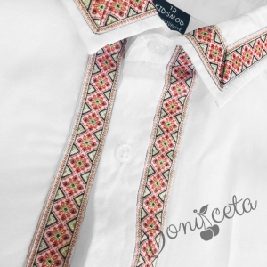 Детска риза с къс ръкав за момче/момиче в бяло с фолклорни/етно мотиви 111 2