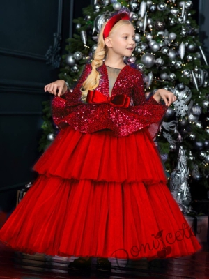 Официална детска дълга рокля в червено с дълъг ръкав и пайети Стефанела