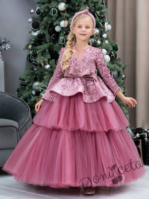 Официална детска дълга рокля в пепел от рози с дълъг ръкав и пайети Стефанела