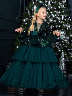 Официална детска дълга рокля в зелено с дълъг ръкав и пайети Стефанела
