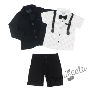 Летен комплект за момче от панталон в тъмносиньо, риза в бяло и орнаменти, тиранти и папийонка и сако в черно