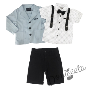 Летен комплект за момче от панталон в тъмносиньо, риза в бяло и орнаменти, тиранти и папийонка и сако в синьо