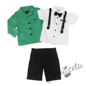 Летен комплект за момче от панталон в тъмносиньо, риза в бяло и орнаменти, тиранти и папийонка и сако в зелено 1