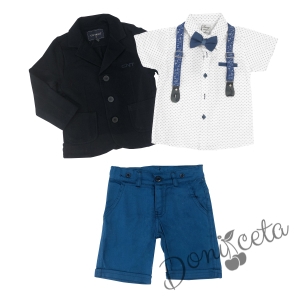 Летен комплект за момче от панталон в синьо, риза в бяло и орнаменти, тиранти и папийонка и сако в тъмносиньо