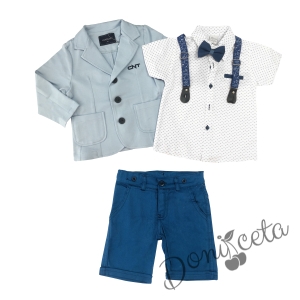 Летен комплект за момче от панталон в синьо, риза в бяло и орнаменти, тиранти и папийонка и сако в светлосиньо 1