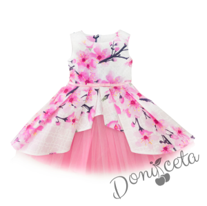 Детска официална рокля  Надежда с цветя в розово тип клош с тюл и колан