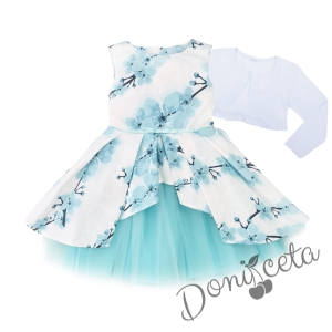 Детска официална рокля Надежда с цветя в тюркоаз тип клош с тюл и колан и болеро в бяло
