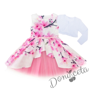 Детска официална рокля с цветя в розово Надежда тип клош с тюл и колан и болеро в бяло