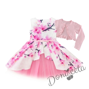 Детска официална рокля с цветя в розово тип клош Надежда с тюл и колан и болеро в розово
