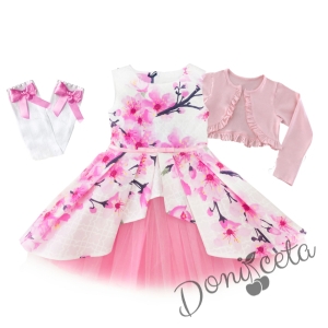 Детска официална рокля с цветя в розово тип клош с тюл и колан и болеро в розово и чорапи 1