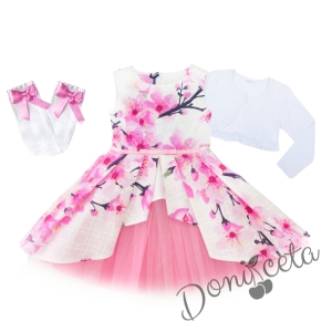 Детска официална рокля с цветя в розово тип клош с тюл и колан и болеро в бяло и чорапи 1