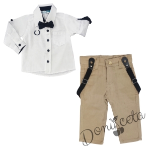 Бебешки комплект от риза в бяло с папийонка и панталон в бежово