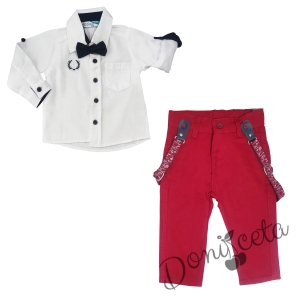 Бебешки комплект от риза в бяло с папийонка и панталон в червено