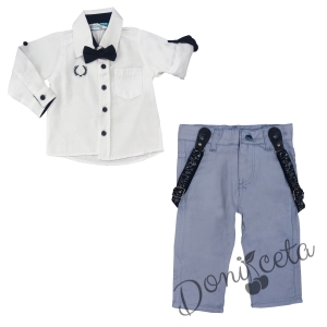 Бебешки комплект от риза в бяло с папийонка и панталон в светлосиньо