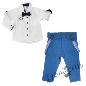 Бебешки комплект от риза в бяло с папийонка и панталон в синьо