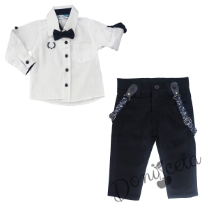 Бебешки комплект от риза в бяло с папийонка и панталон в тъмносиньо