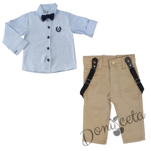 Бебешки комплект от риза в светлосиньо с папийонка и панталон в бежово 1