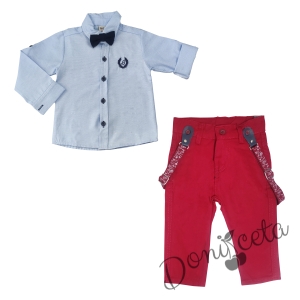 Бебешки комплект от риза в светлосиньо с папийонка и панталон в червено