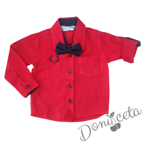 Бебешки комплект от риза в червено с папийонка и панталон в синьо 2
