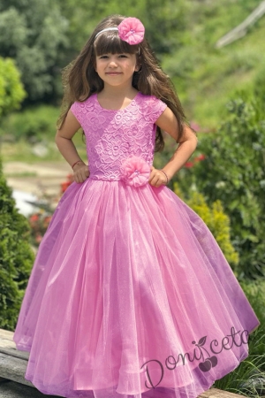 Официална дълга детска рокля Крис от дантела и тюл в розово 1
