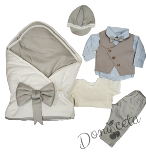 Луксозен бебешки комплект за изписване за момче с костюм и елек в сиво и екрю