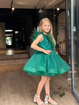 Официална детска рокля  в зелено Пепелота с пера