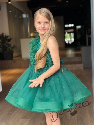 Официална детска рокля  в зелено Пепелота с пера