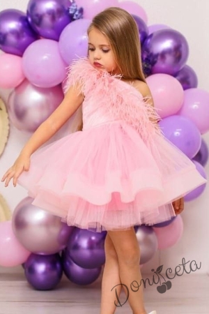 Официална детска рокля  в розово Пепелота с пера
