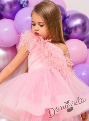 Официална детска рокля  в розово Пепелота с пера