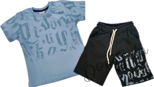 Комплект за момче от 2 части- тениска в тюркоаз с надписи и къси панатлонки в черно с надписи