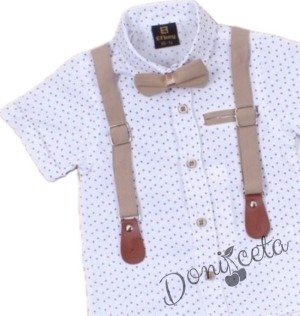 Летен официален комплект за момче от панталон в бежово с риза в бяло с орнаменти, тиранти и папийонка  467478379