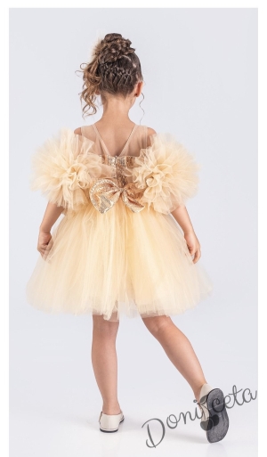 Детска официална рокля в златисто Блян с тюл и с помпони и панделка за коса